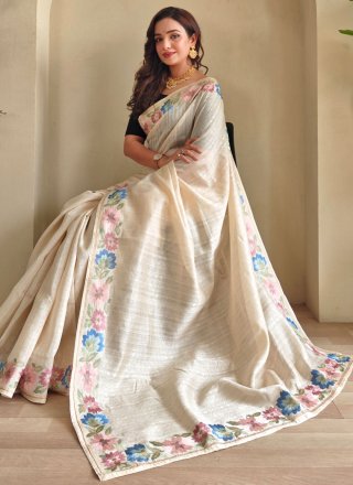 Off White Tussar Silk Patch Border and Thread Work Designer Saree