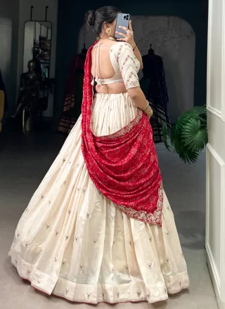 Off White Vichitra Silk Embroidered and Thread Work A - Line Lehenga Choli for Engagement
