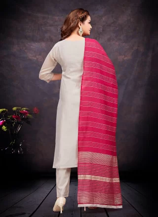 Off White Vichitra Silk Embroidered Work Salwar Suit for Ceremonial