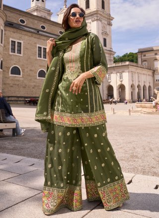 Opulent Green Silk Palazzo Salwar Suit with Embroidered Work