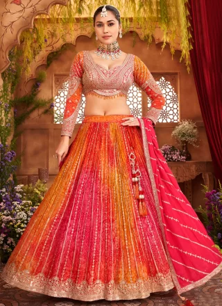 Orange and Pink Georgette Lehenga Choli with Embroidered Work for Ceremonial