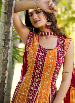 Orange and Rani Embroidered, Sequins and Thread Work Faux Georgette Palazzo Salwar Suit