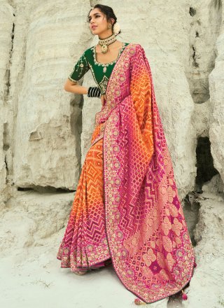 Orange and Rani Pure Georgette Bandhej, Cut Dana, Embroidered, Fancy, Hand, Moti and Zari Work Classic Sari
