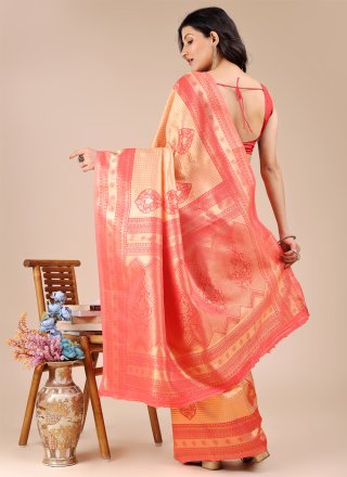 Orange and Red Banarasi Silk Casual Sari with Weaving Work