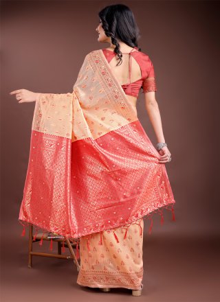 Orange and Red Cotton Weaving Work Classic Saree for Casual