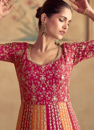 Orange and Red Georgette Embroidered, Sequins and Stone Work  Designer Gown