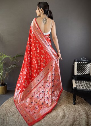 Orange and Rust Banarasi Silk Weaving and Zari Work Trendy Saree for Ceremonial