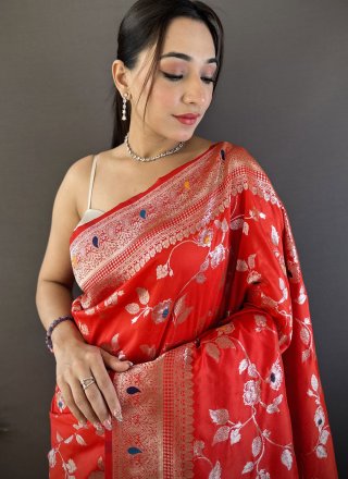Orange and Rust Banarasi Silk Weaving and Zari Work Trendy Saree for Ceremonial