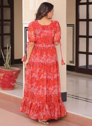 Orange and Rust Faux Georgette Print Work Gown