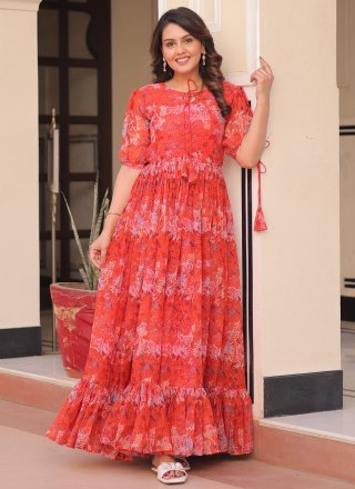 Orange and Rust Faux Georgette Print Work Gown