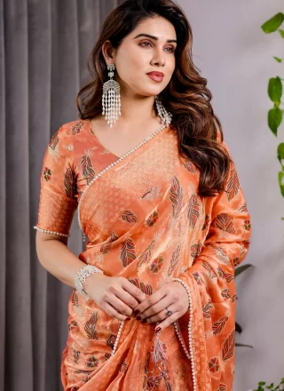Orange and Rust Patch Border, Pearls, Weaving and Zari Work Chiffon Designer Saree