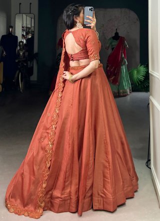 Orange and Rust Tussar Silk Plain Work A - Line Lehenga Choli