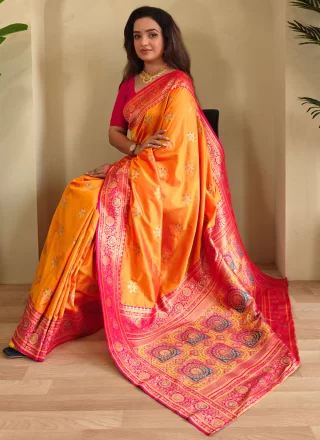 Orange Banarasi Silk Designer Saree with Weaving Work for Ceremonial