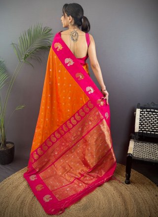 Orange Banarasi Silk Weaving Work Classic Saree