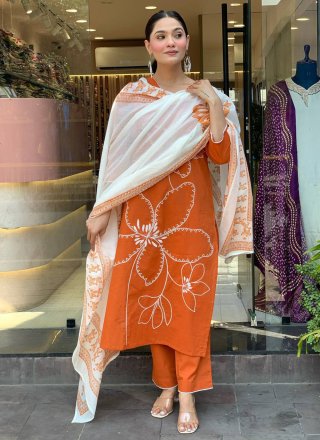 Orange Chanderi Embroidered and Print Work Salwar Suit for Engagement