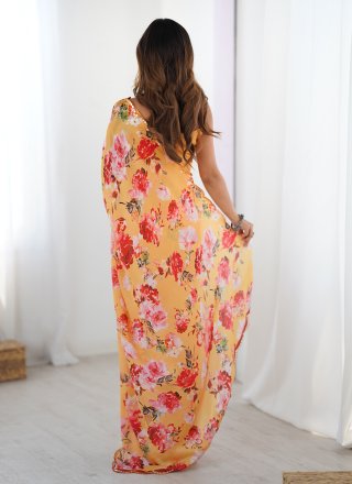Orange Chinon Cut, Digital Print and Mirror Work Contemporary Sari