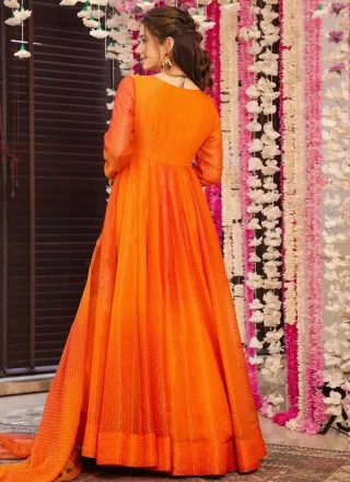 Orange Chinon  Designer Gown with Digital Print Work for Women