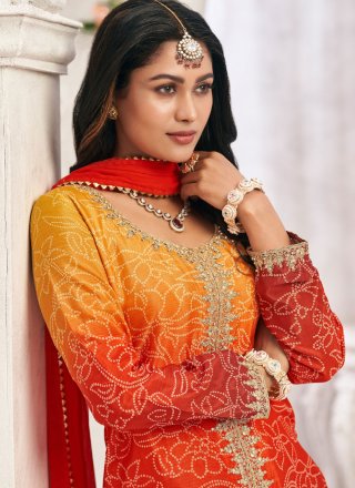 Orange Chinon Digital Print, Embroidered and Zari Work Readymade Salwar Suit for Festival