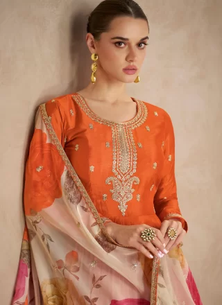 Orange Chinon Embroidered and Resham Work Designer Gown