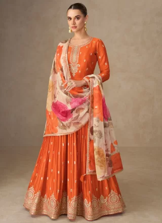 Orange Chinon Embroidered and Resham Work Designer Gown