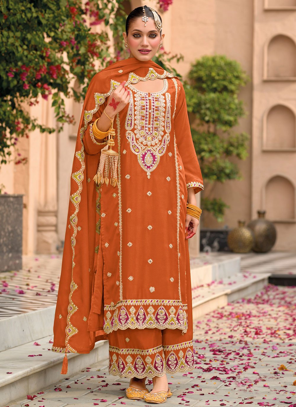 Orange Punjabi Suit All Colour Hot Thread Work Embroidered Rust