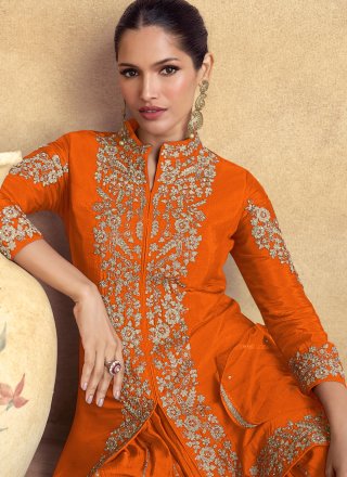 Orange Chinon Embroidered, Sequins and Zari Work Readymade Salwar Suit for Engagement