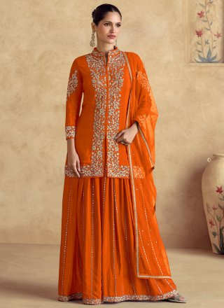 Orange Chinon Embroidered, Sequins and Zari Work Readymade Salwar Suit for Engagement