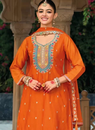 Orange Chinon Embroidered, Sequins and Zari Work Salwar Suit