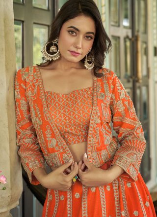 Orange Chinon Readymade Lehenga Choli with Embroidered and Zari Work