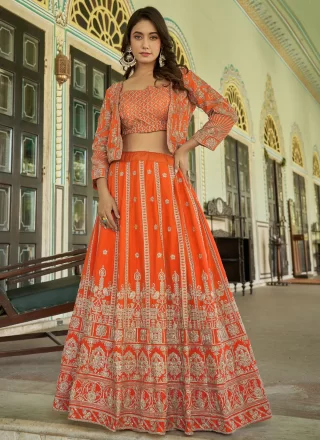 Orange Chinon Readymade Lehenga Choli with Embroidered and Zari Work