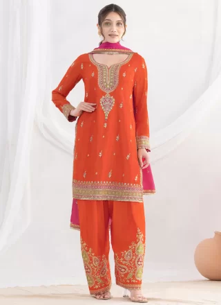 Orange Chinon Readymade Salwar Suit