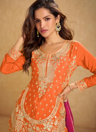 Orange Chinon Readymade Salwar Suit with Embroidered, Mirror and Zari Work