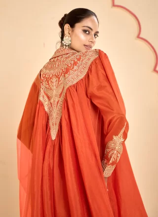 Orange Chinon Readymade Style with Embroidered, Mirror and Zari Work for Festival