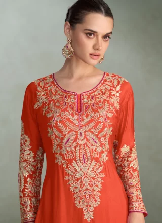 Orange Chinon Readymade Style with Embroidered, Mirror, Sequins and Zari Work for Festival