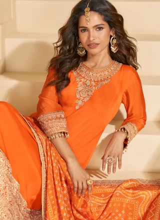 Orange Chinon Salwar Suit with Embroidered, Mirror, Sequins and Zari Work
