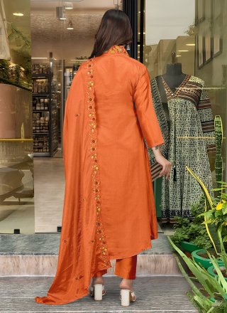 Orange Chinon Salwar Suit with Embroidered Work