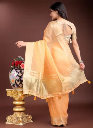 Orange Cotton Classic Sari with Woven Work
