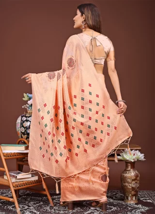 Orange Cotton Classic Sari with Woven Work