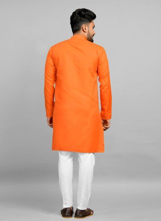 Orange Cotton Kurta Pyjama In Plain