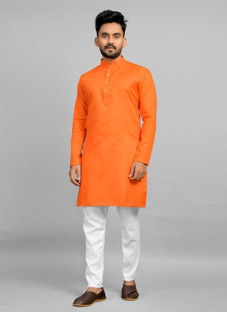 Orange Cotton Kurta Pyjama In Plain