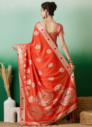 Orange Cotton Meenakari Work Trendy Saree