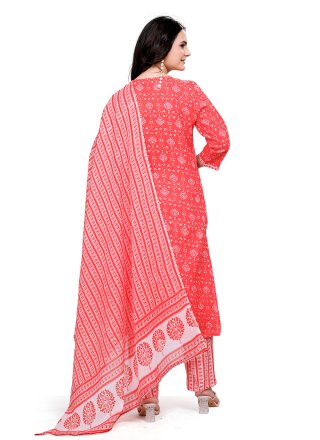 Orange Cotton Pant Style Suit with Print Work