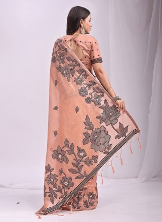 Orange Cotton Print Work Classic Sari for Casual