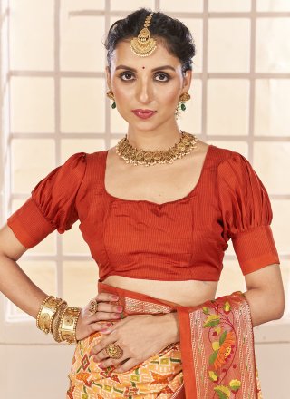 Orange Cotton Silk Classic Saree with Patch Border and Print Work