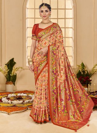 Orange Cotton Silk Classic Saree with Patch Border and Print Work