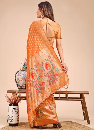 Orange Cotton Weaving Work Designer Saree for Women