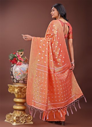 Orange Cotton Weaving Work Trendy Saree