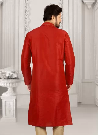 Orange Dupion Silk Embroidered Work Kurta Pyjama for Men