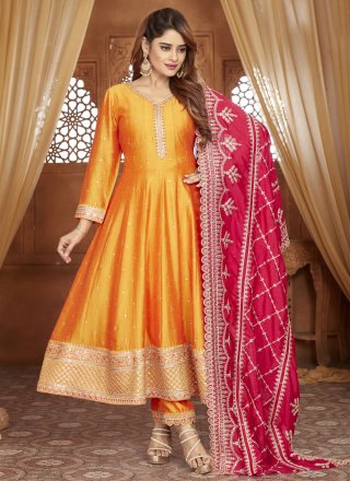 Orange Embroidered, Sequins and Zari Work Silk Anarkali Suit