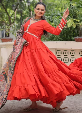 Orange Fancy Fabric Lace Work  Designer Gown